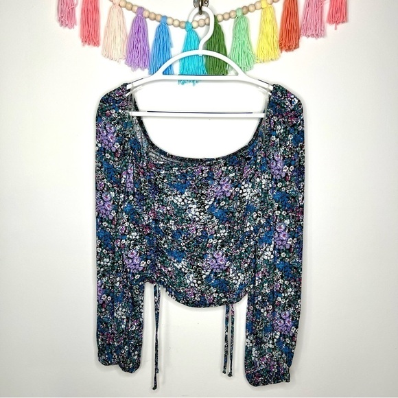 Wild Fable Square Neck Cottagecore Ditsy Blue Purple Drawstring Cropped Blouse - Picture 3 of 15
